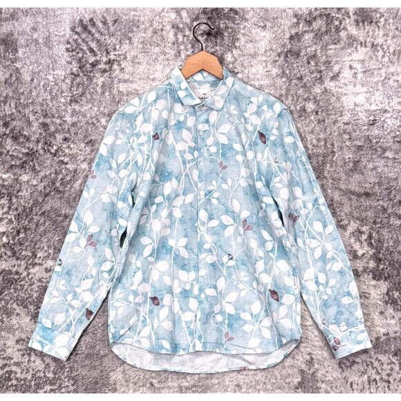 Paul Smith Shirt Medium Mens Tailored Fit Blue Linen Floral Long Sleeve - Picture 1 of 8